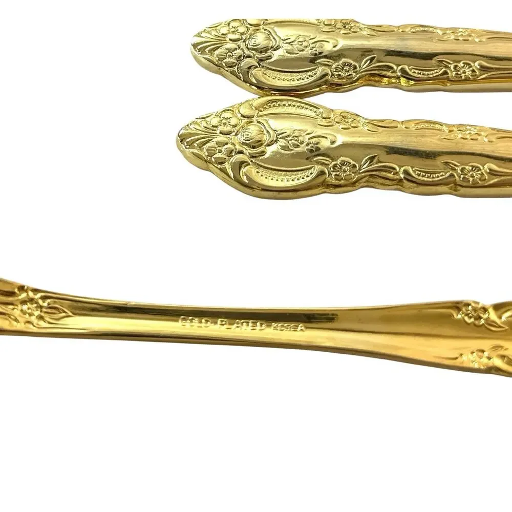 Vintage 44 Pc 24K Gold Plated Korea Flatware Set Ornate Rose Pierced